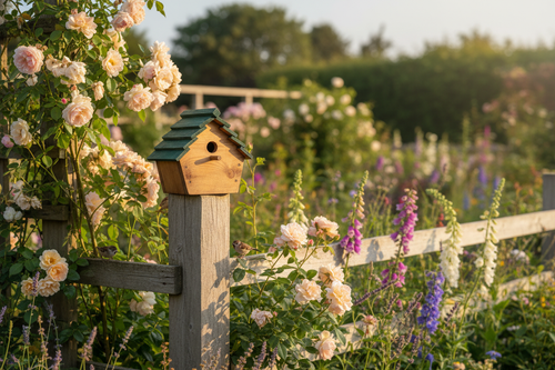 Handcrafted small sparrow house on garden fence with roses