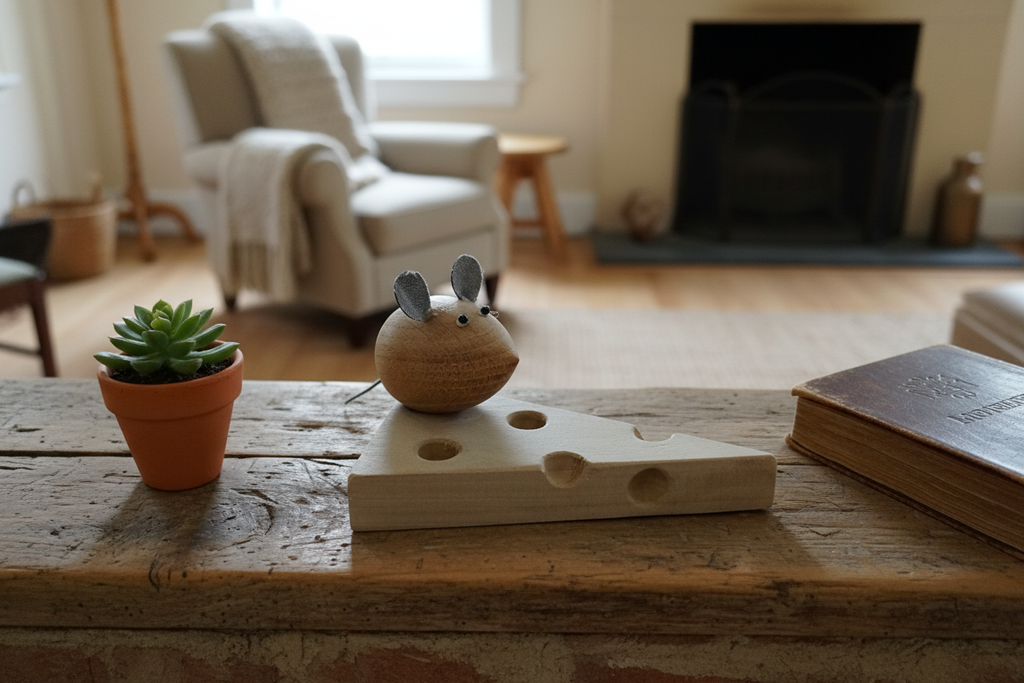 Wooden mouse on cheese sculpture on a rustic mantelpiece with a succulent and vintage book