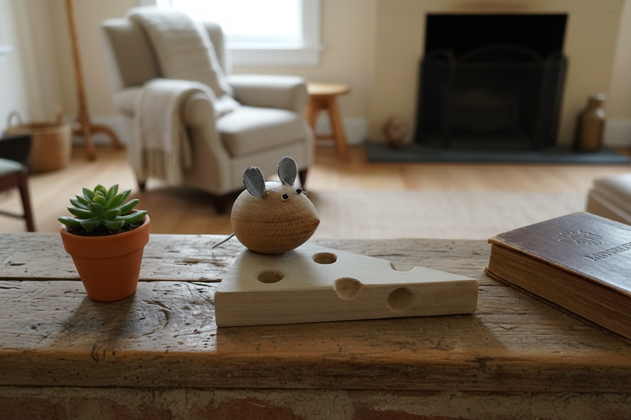 Wooden mouse on cheese sculpture on a rustic mantelpiece with a succulent and vintage book