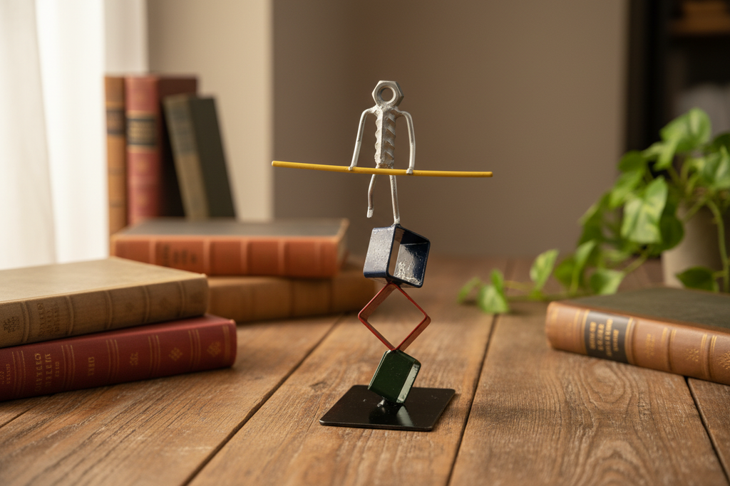 The Balancing Act sculpture on a rustic wooden desk with natural light