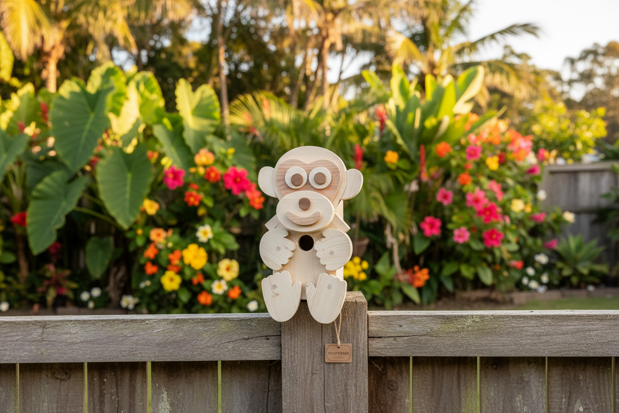 Wooden monkey character bird box on a garden fence with exotic plants and flowers