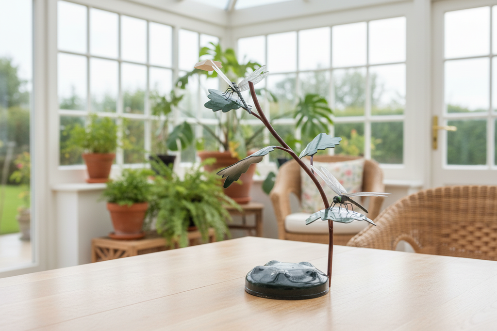 Dragonfly Dance sculpture displayed in a bright conservatory setting