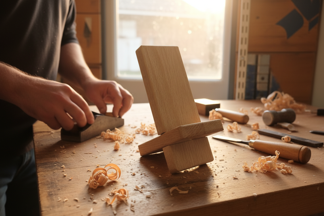 Handcrafted oak desktop mobile phone holder on a workshop bench with tools and wood shavings