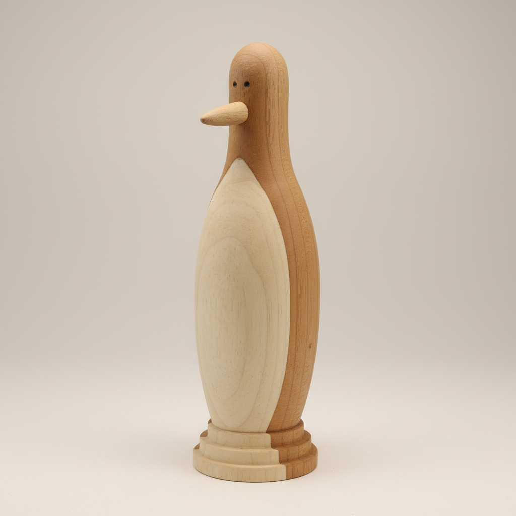Handcrafted hand-turned wooden penguin sculpture showing wood grain and artisan detail