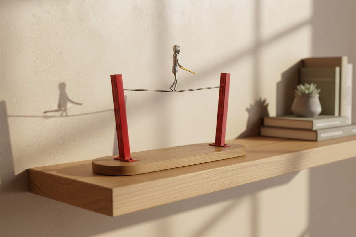 The Tightrope Walker sculpture displayed on a warm interior oak shelf with dramatic wall shadow