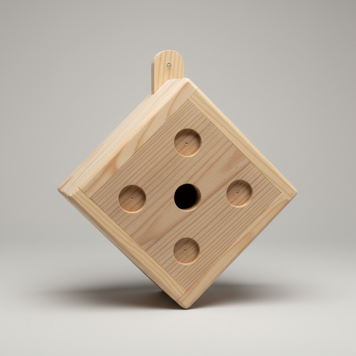 Handcrafted wooden dice character bird box showing wood grain and dot detail