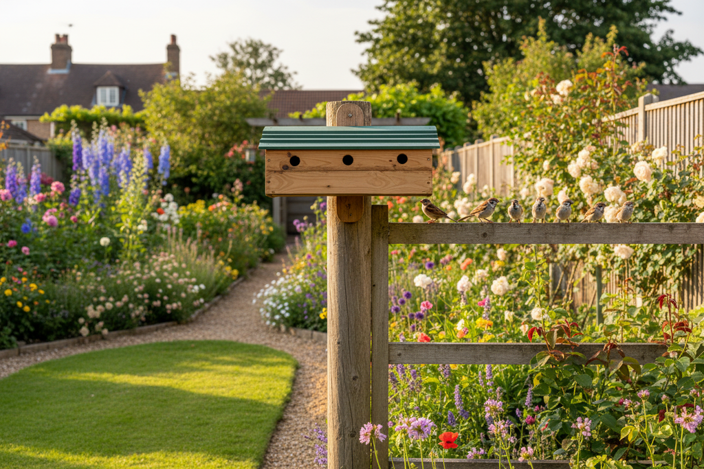 Flock of sparrows in cottage garden near handcrafted HMO nesting box