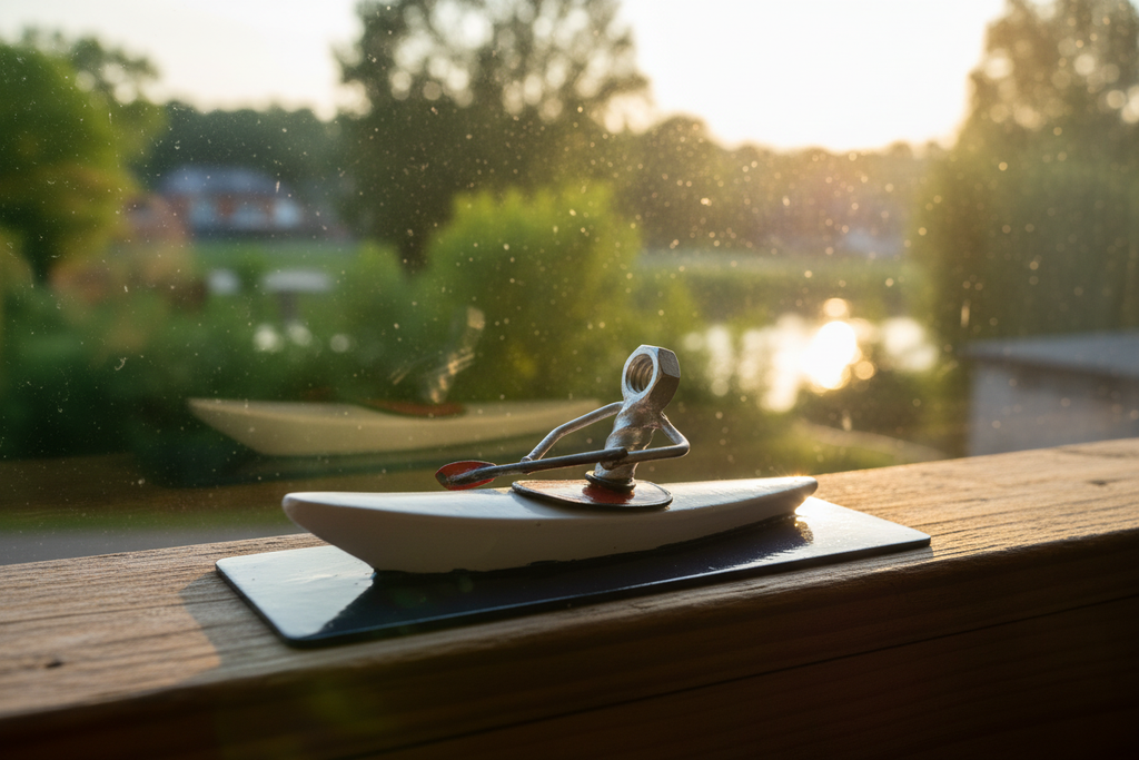 The Journey kayaker sculpture on a windowsill with golden hour light