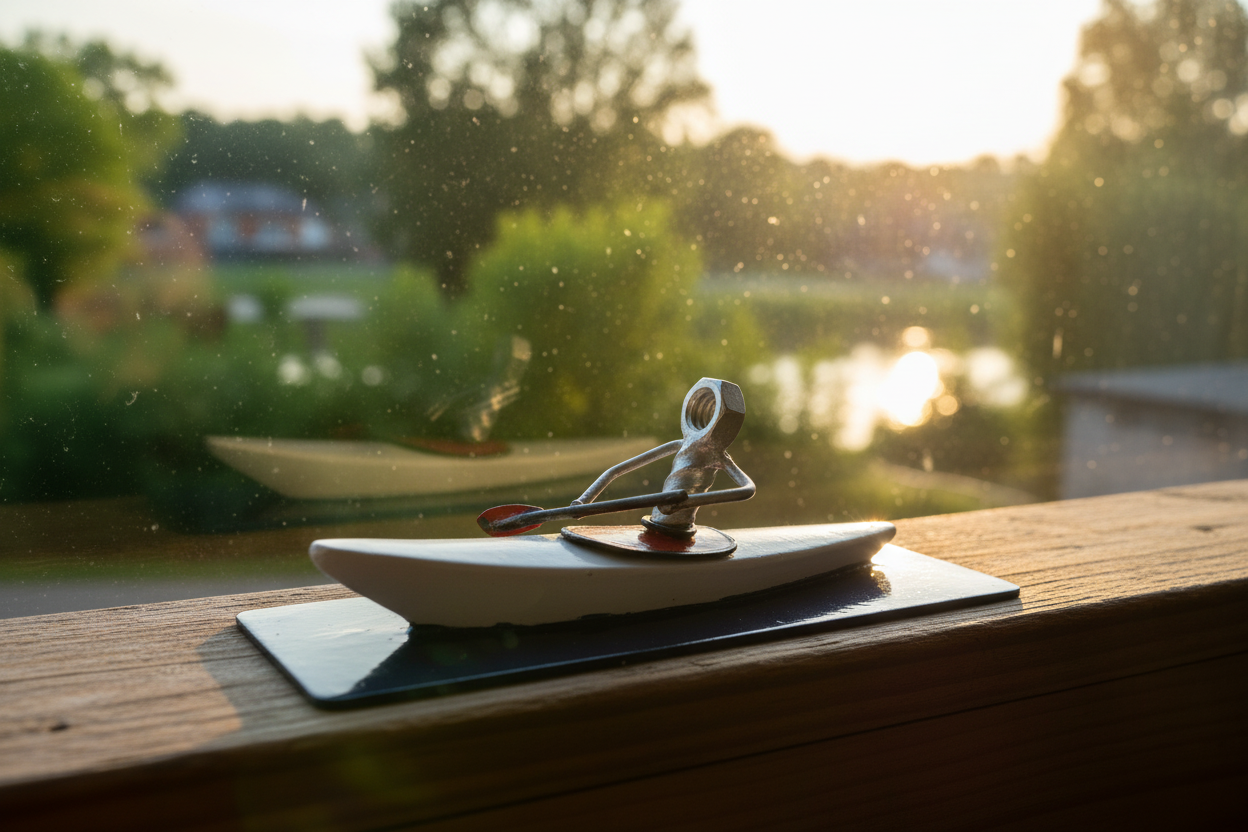 The Journey kayaker sculpture on a windowsill with golden hour light