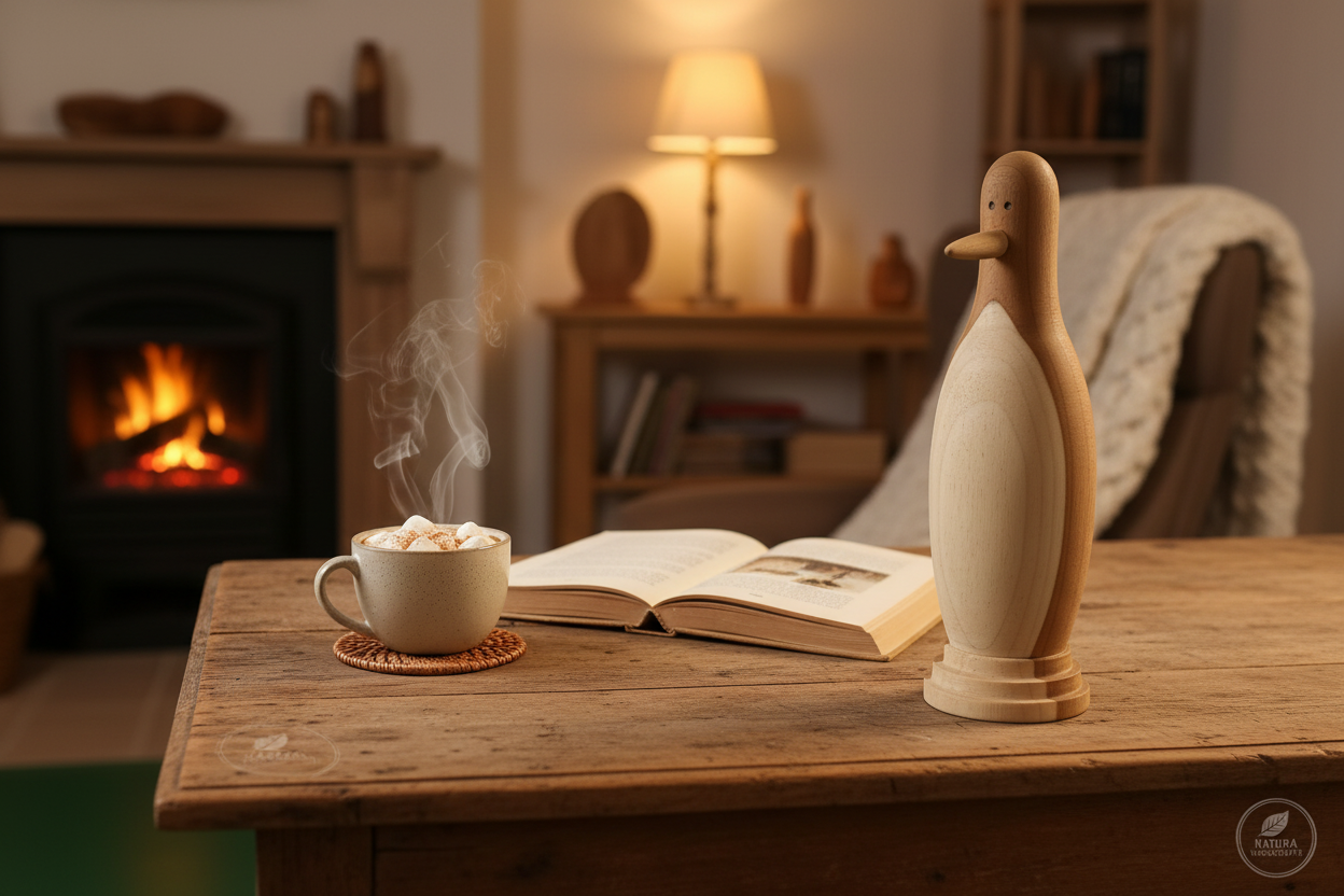 Wooden penguin sculpture on a rustic desk with hot cocoa and an open book