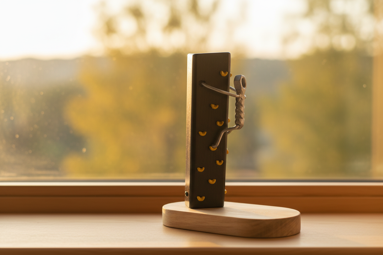 The Ascent climbing figure sculpture on a windowsill with golden hour light