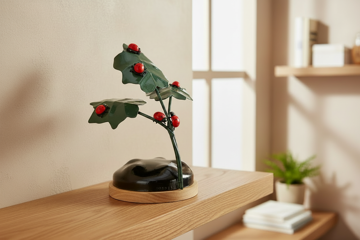Ladybird Gathering sculpture displayed on a warm interior oak shelf
