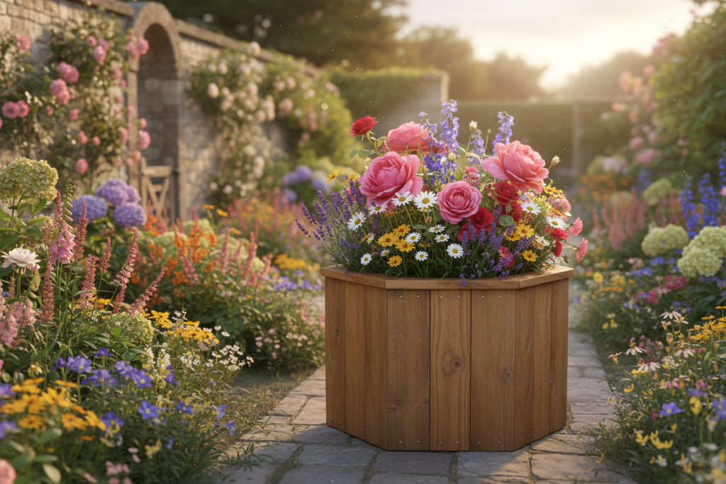 Handcrafted hexagonal wooden planter in cottage garden setting