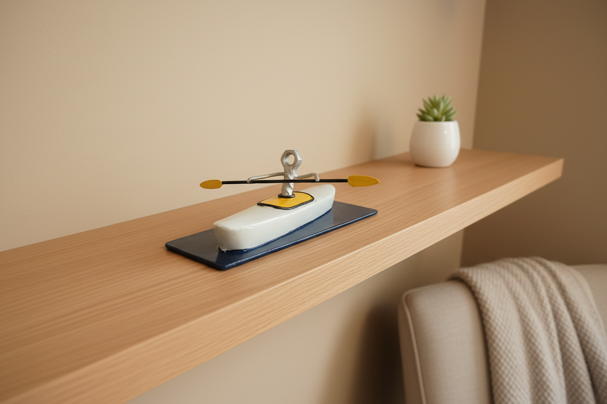 Paddle On kayak sculpture displayed on a warm interior oak shelf