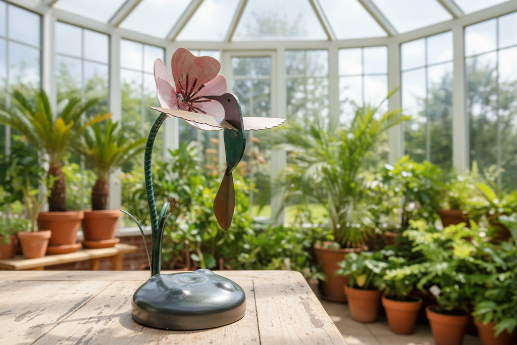 Nectar Gathering hummingbird sculpture displayed in a bright conservatory setting