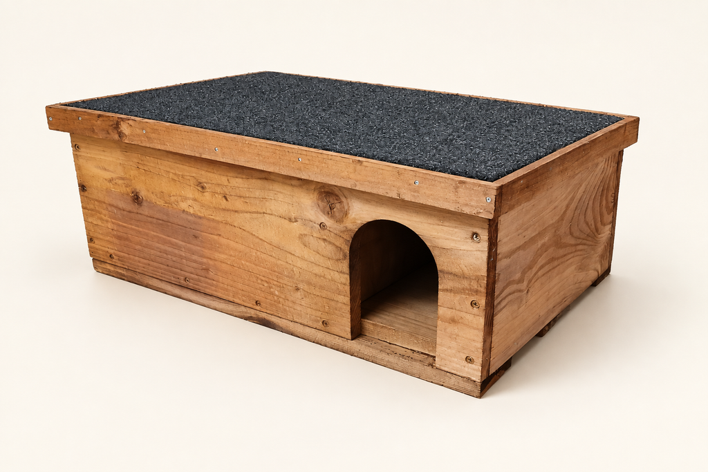 Angled view of wooden hedgehog house