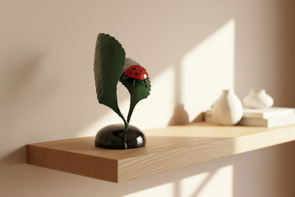 Ladybird Landing sculpture displayed on a warm interior oak shelf