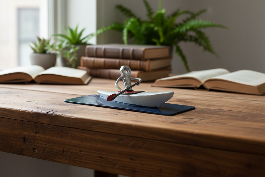 The Journey kayaker sculpture on a rustic wooden desk with natural light
