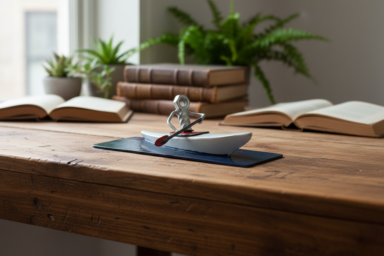 The Journey kayaker sculpture on a rustic wooden desk with natural light