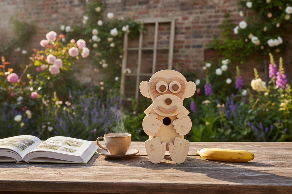 Wooden monkey character bird box on a rustic garden table with tea, a gardening book and a banana