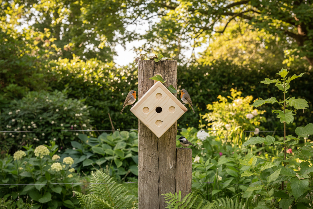 Wooden dice character bird box mounted on a fence post in a lush garden