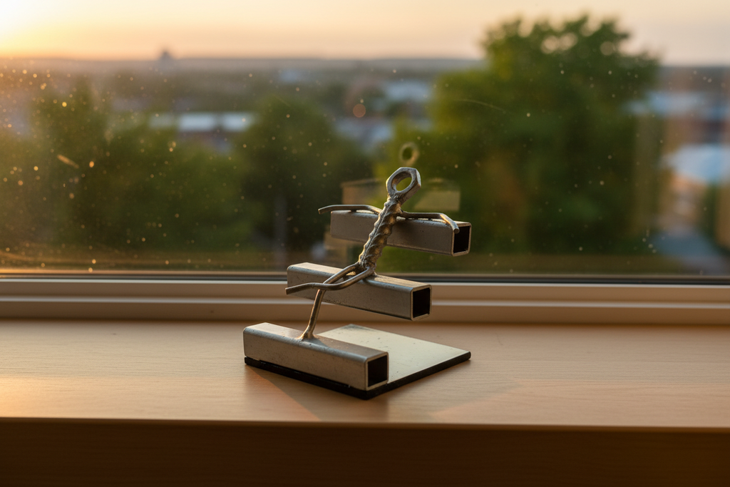Chilled Out sculpture on a windowsill with golden hour light