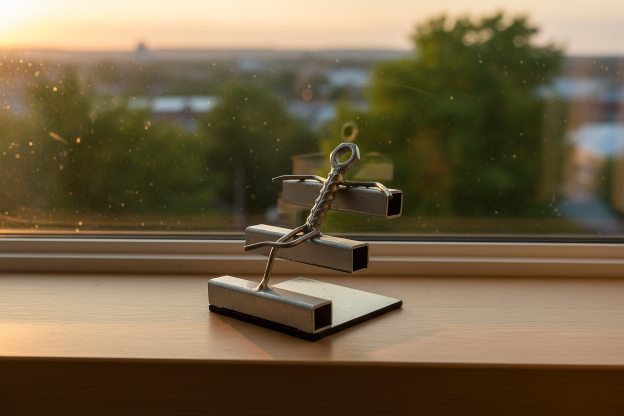 Chilled Out sculpture on a windowsill with golden hour light