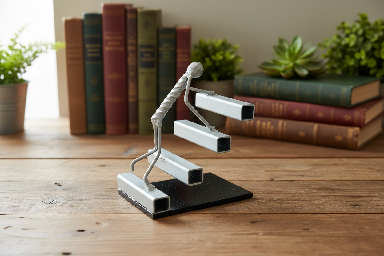 Step by Step sculpture on a rustic wooden desk with natural light