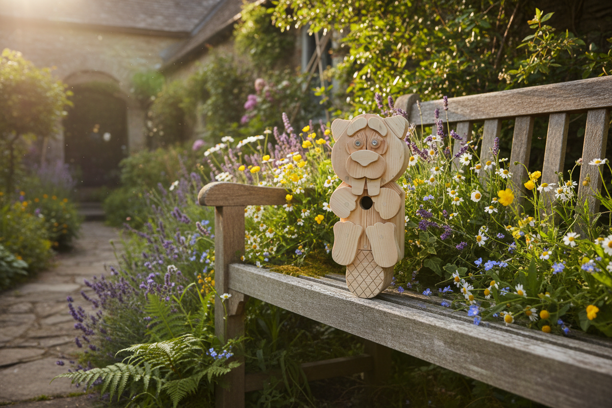 Wooden beaver character bird box on a rustic garden bench surrounded by wildflowers