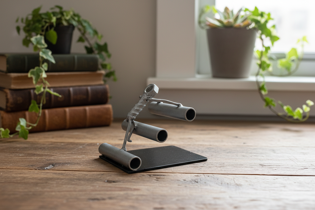 Summit Seeker sculpture on a rustic wooden desk with natural light