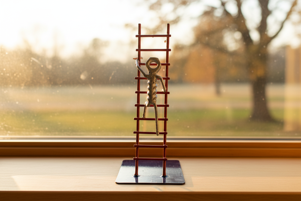 Reaching New Heights sculpture on a windowsill with golden hour light
