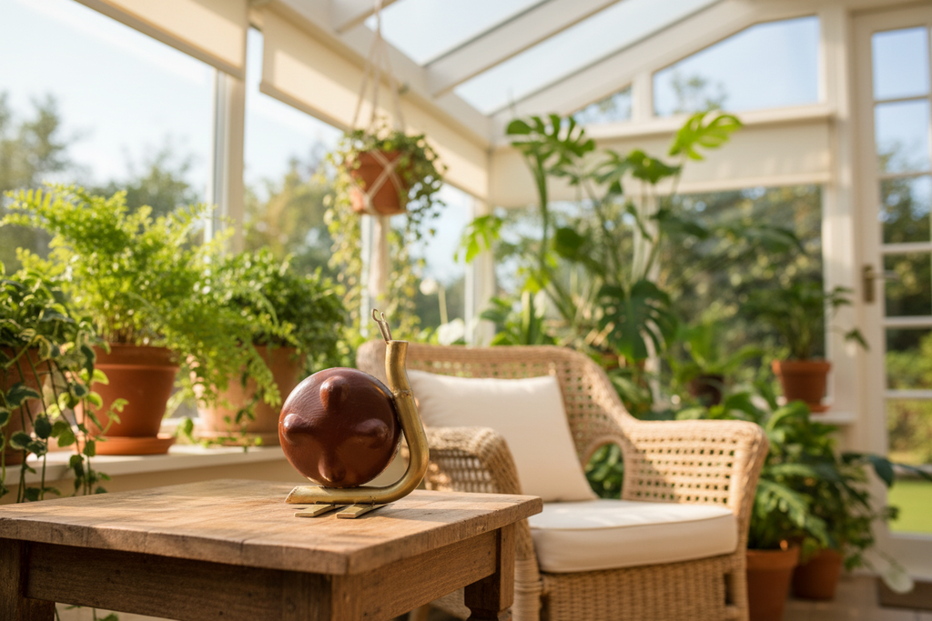 Slow and Steady snail sculpture displayed in a bright conservatory setting