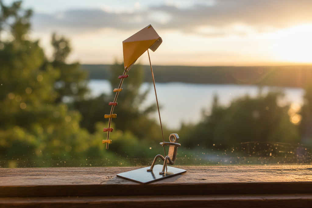 Flying High kitesurfer sculpture on a windowsill with golden hour light