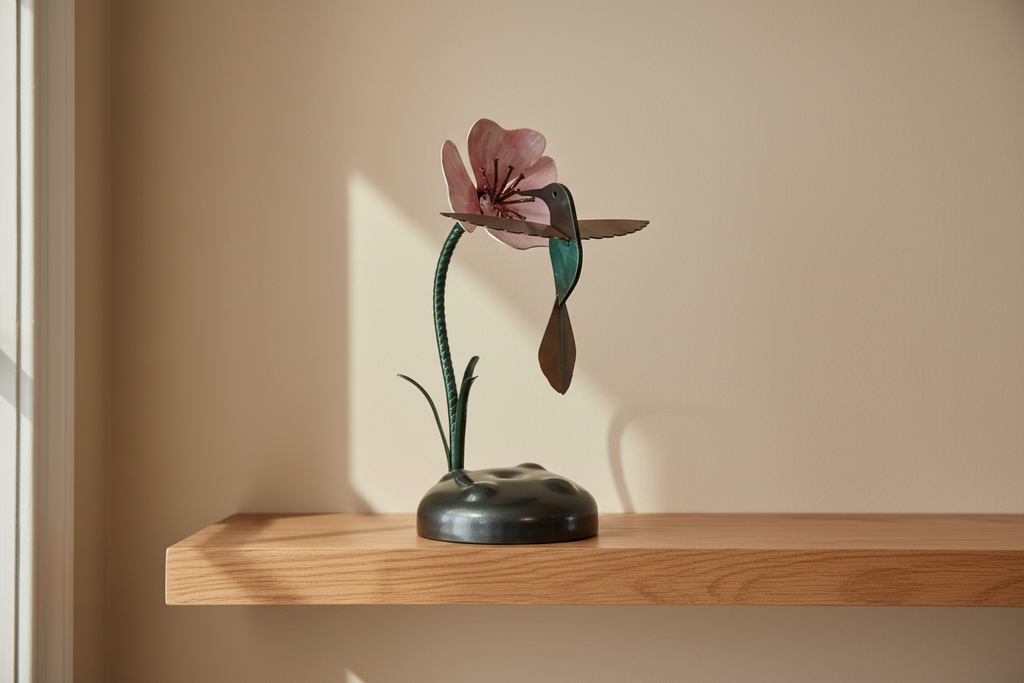 Nectar Gathering hummingbird sculpture displayed on a warm interior oak shelf