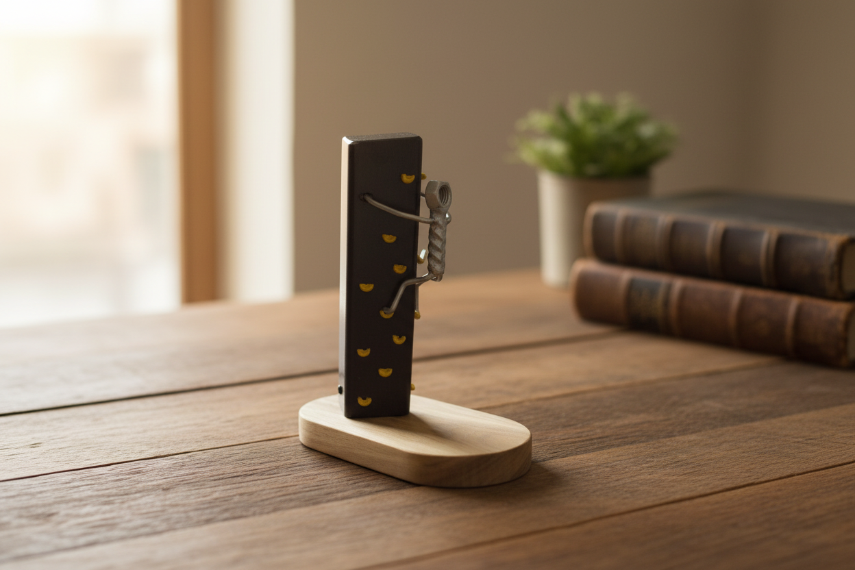 The Ascent climbing figure sculpture on a rustic wooden desk with natural light