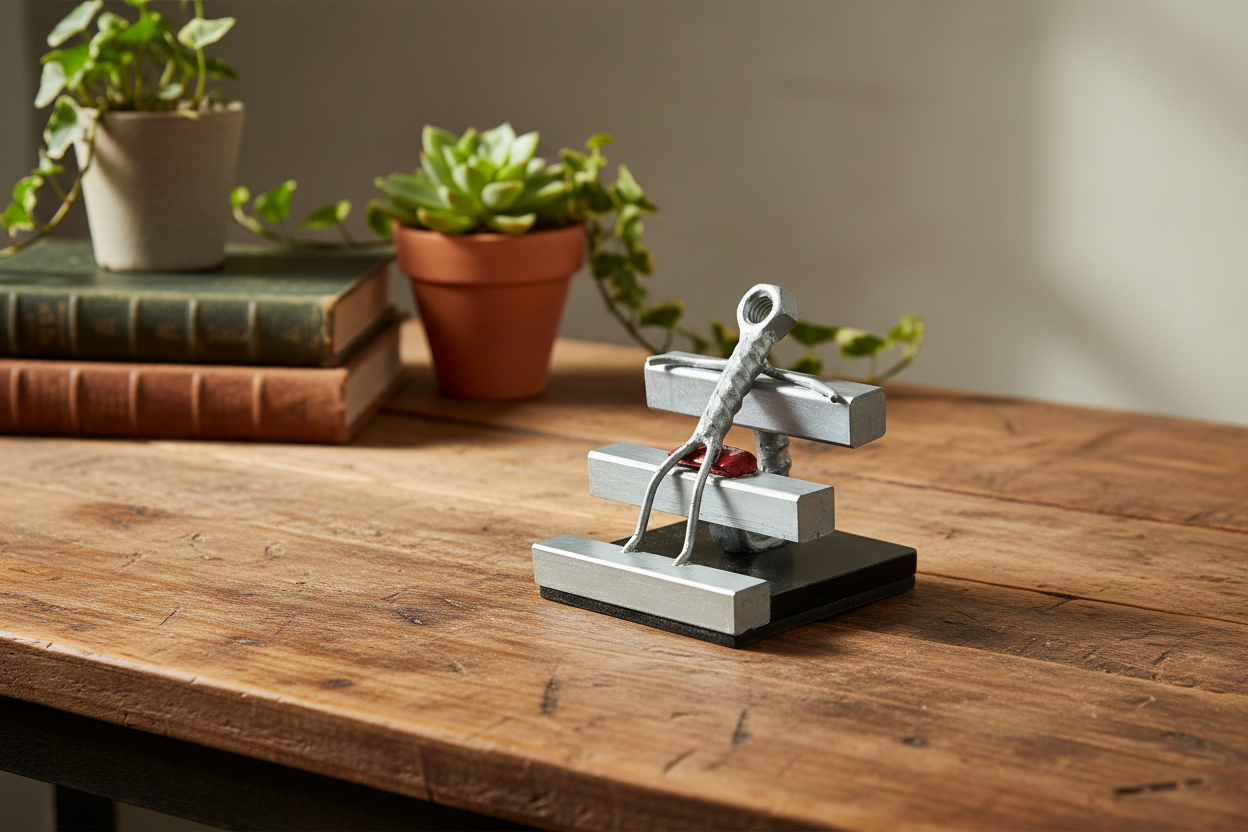 Taking a Moment sculpture on a rustic wooden desk with natural light
