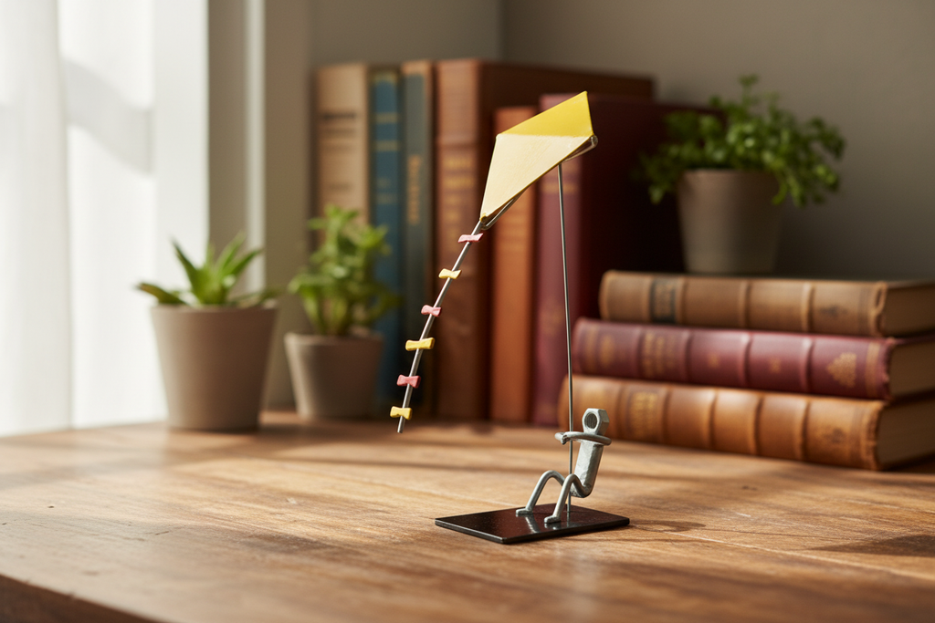 Flying High kitesurfer sculpture on a rustic wooden desk with natural light