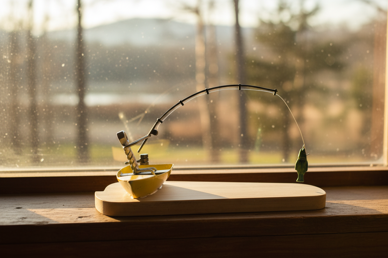 Fisherman sculpture on a windowsill with golden hour light