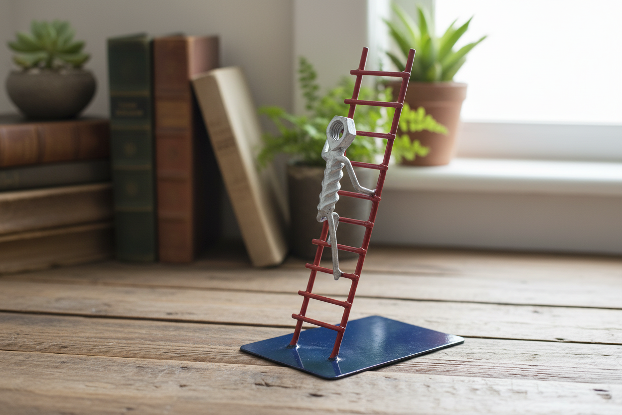 Reaching New Heights sculpture on a rustic wooden desk with natural light