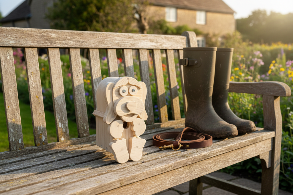 Wooden dog character bird box on a garden bench next to a dog lead and muddy wellies