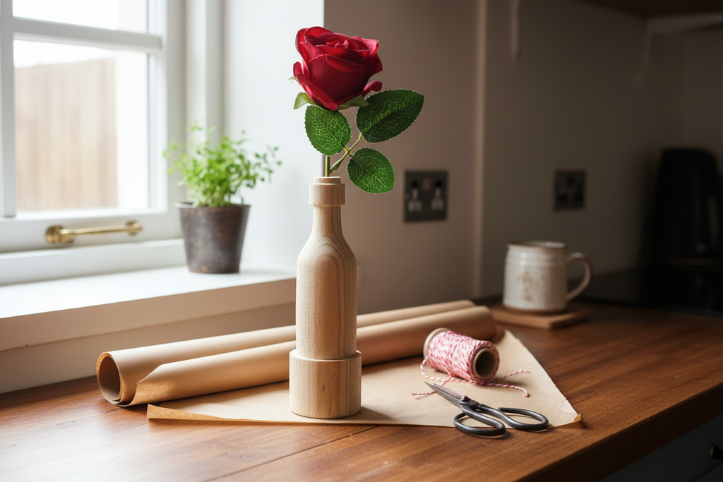 Wooden wine bottle holder with rose presented as a gift in a kitchen setting