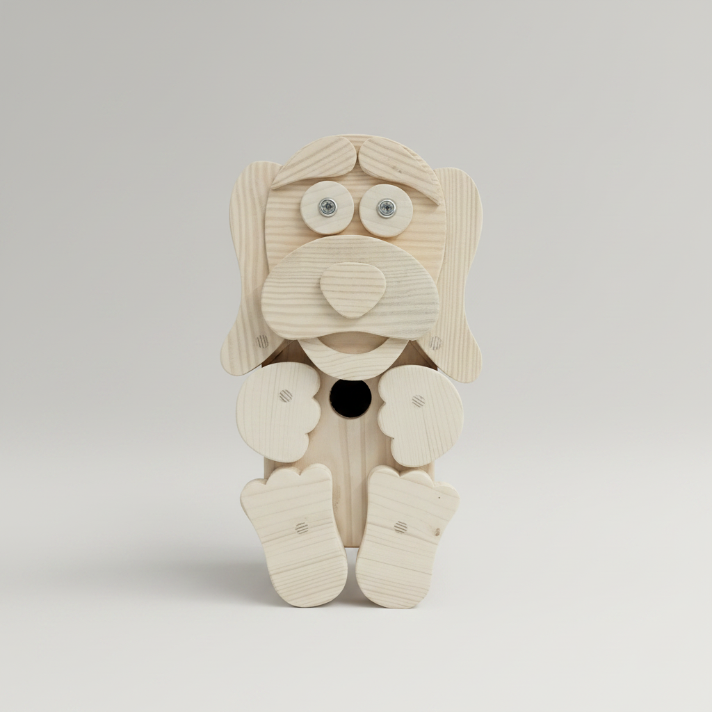 Handcrafted wooden dog character bird box showing wood grain and carved detail
