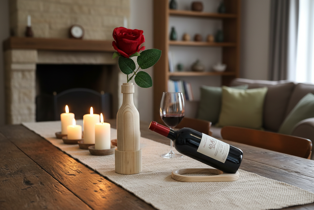 Wooden wine bottle holder with rose styled on a rustic dining table with candlelight