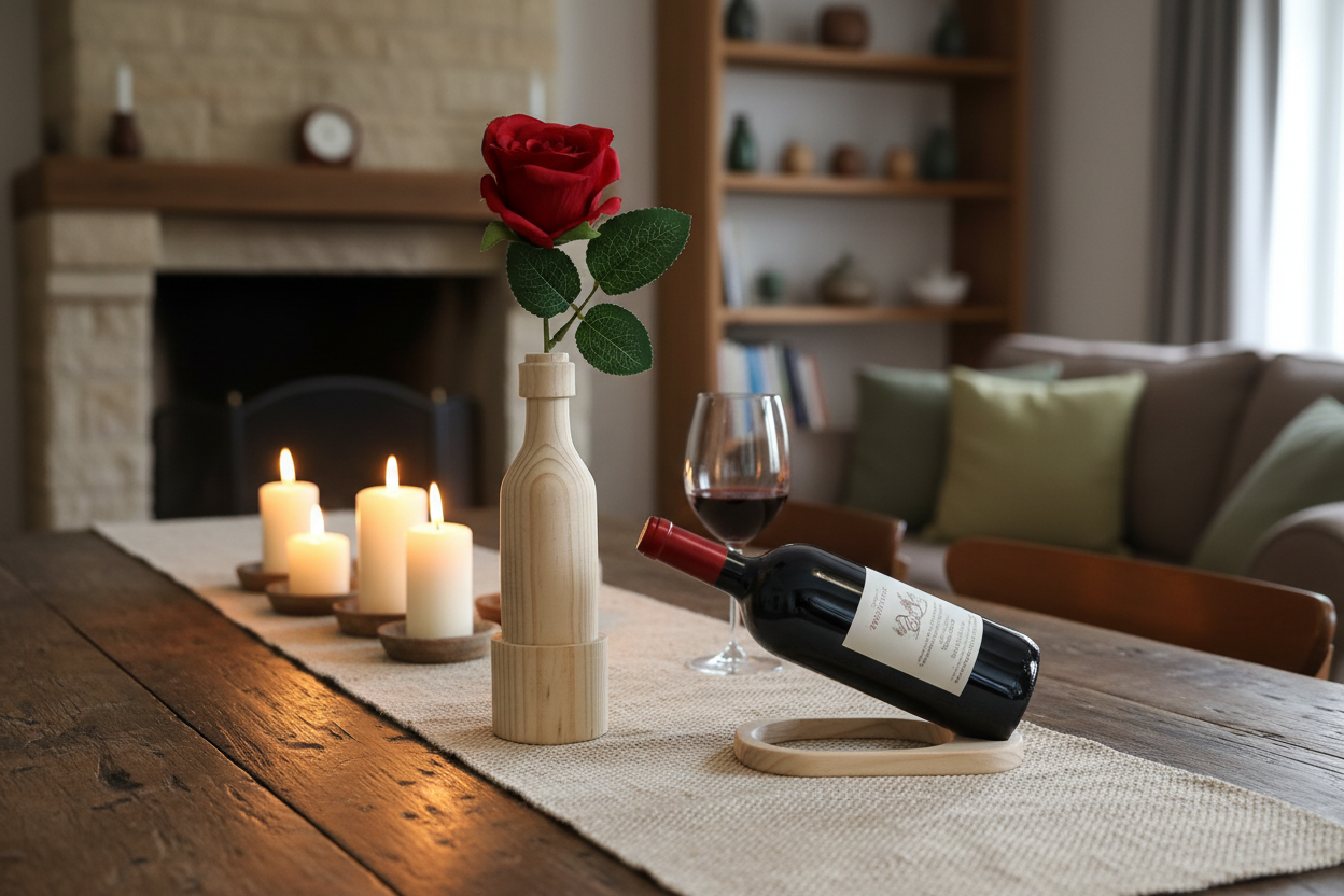 Wooden wine bottle holder with rose styled on a rustic dining table with candlelight
