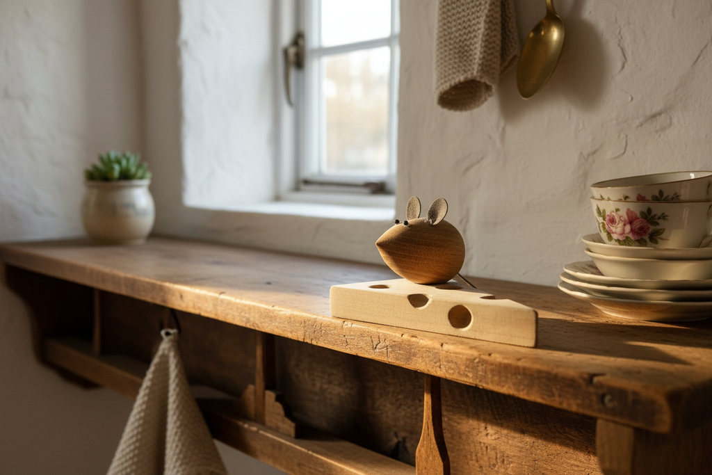 Wooden mouse on cheese sculpture on a cottage kitchen shelf with plants and crockery