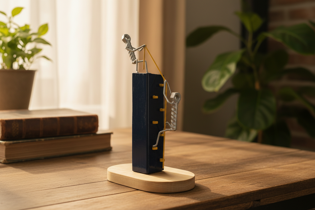 Lending a Hand sculpture on a rustic wooden desk with natural light
