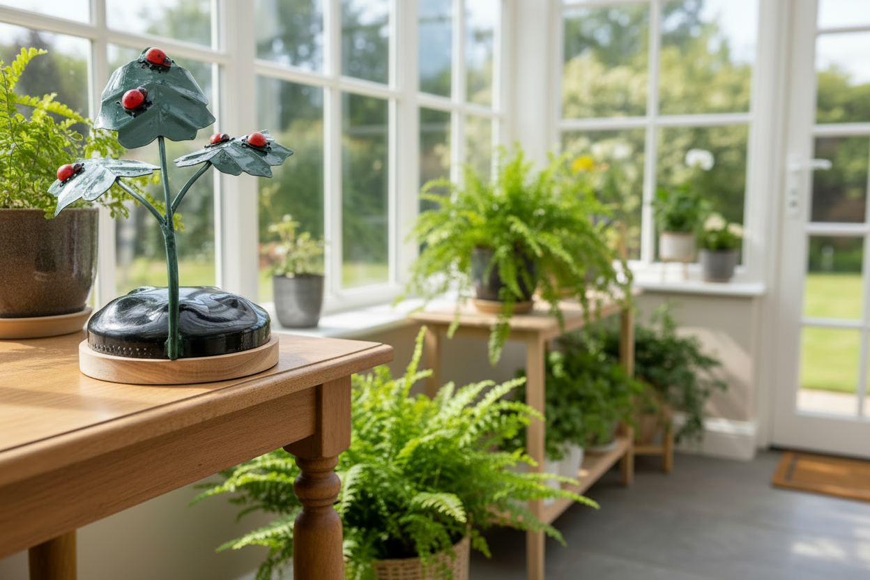 Ladybird Gathering sculpture displayed in a bright conservatory setting