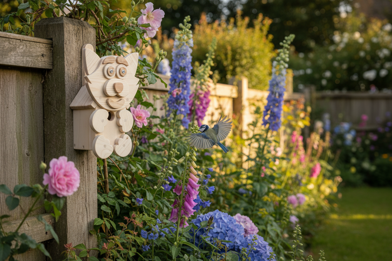 Handcrafted cat character bird box on garden fence with bird flying in