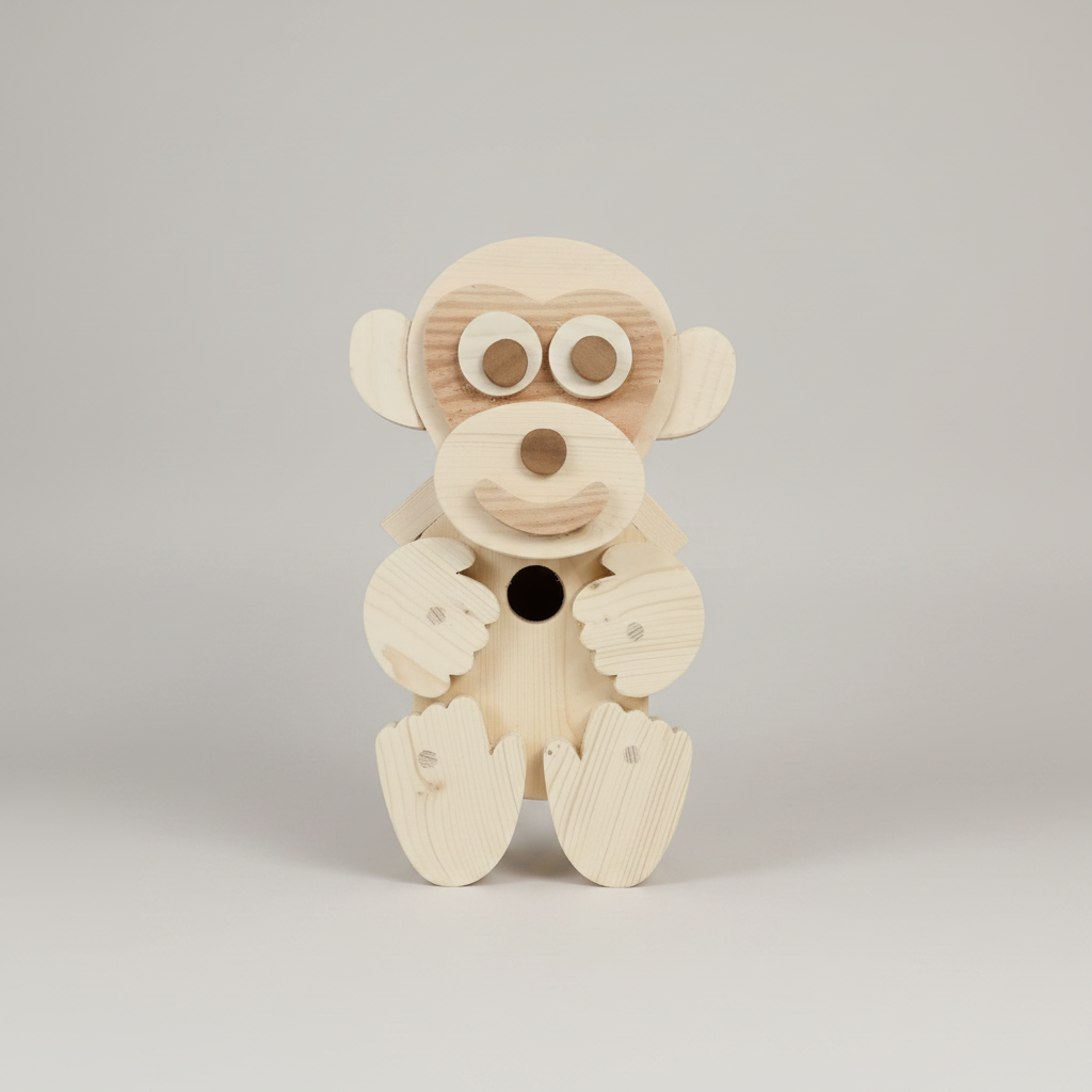 Handcrafted wooden monkey character bird box showing wood grain and carved detail