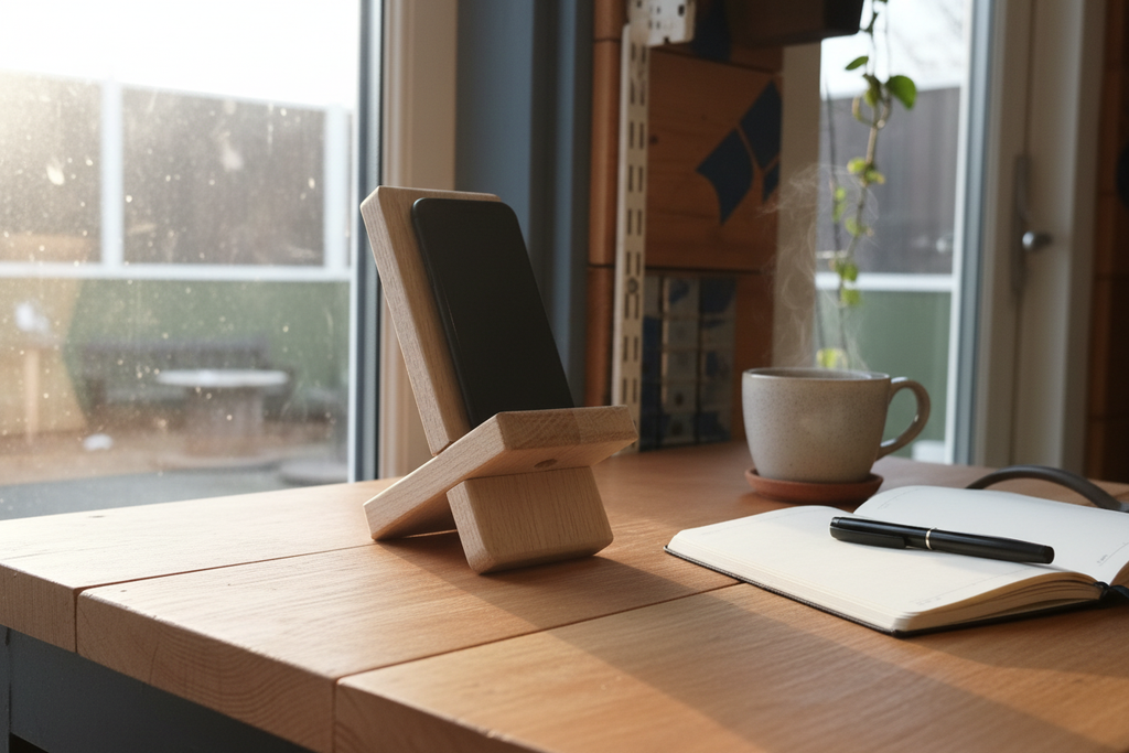 Handcrafted oak desktop mobile phone holder on a rustic desk with coffee and notebook